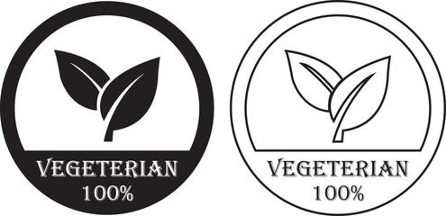 Vegetarian icons Set. Bio, organic and healthy food flat and line symbols suitable for Vegetarian stamp sticker with Leaves. Minimal black organic product badges isolated on transparent background.