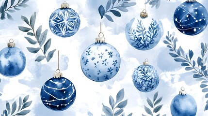 Watercolor blue and white christmas ornament pattern with greenery, white background