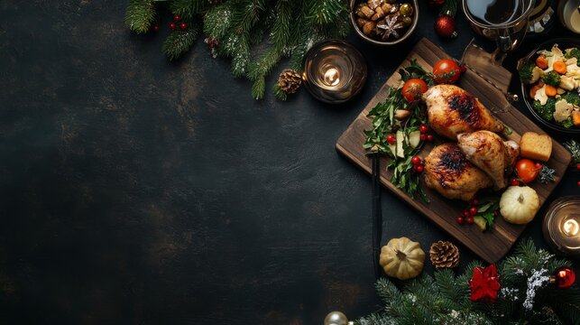 Festive Christmas or New Year decoration featuring holiday food on a dark background, top view. A banner showcasing roasted chicken and vegetables on a wooden board.