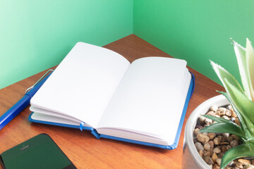 Minimalist workspace with blank notebook, cell phone and succulent on wooden table