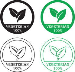 Vegetarian icons Set. Bio, organic and healthy food flat, line symbols suitable for Vegetarian stamp sticker with Leaves. Minimal black, green organic product badge isolated on transparent background.
