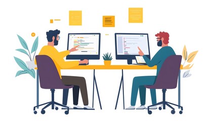 Two programmers collaborating on code at a desk with computers