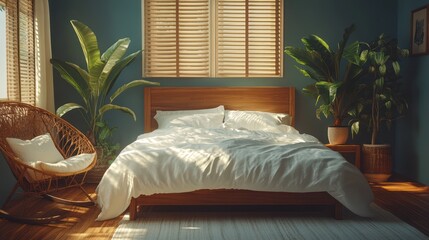 A modern bedroom with a large bed, a wicker chair, and plants. Sunlight streams in through a window with wooden blinds, creating a warm and inviting atmosphere.