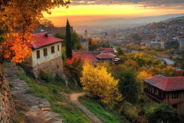 Naklejka premium Tbilisi Sunset: Old Town Fortress and Castle Overlooking Georgian City