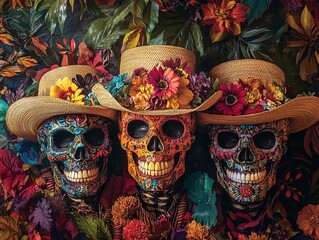 Fototapeta premium Vibrant Skull Art: Unique Painted Designs on Intricate Skulls in Straw Hats - Perfect Wall Poster for Sporty Interiors or Bold Home Decor