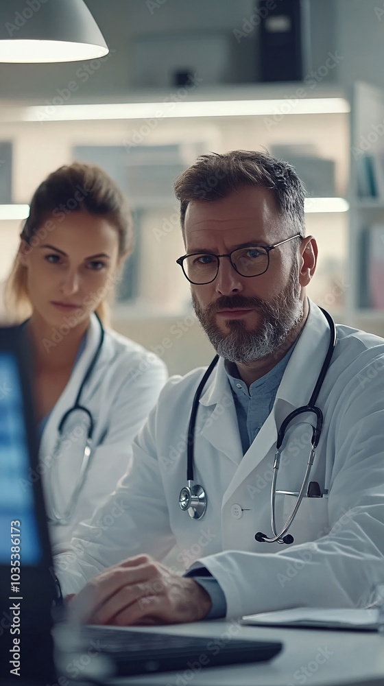 Aufkleber doctors consulting in a modern hospital office reviewing patient data on a digital screen stock phot
