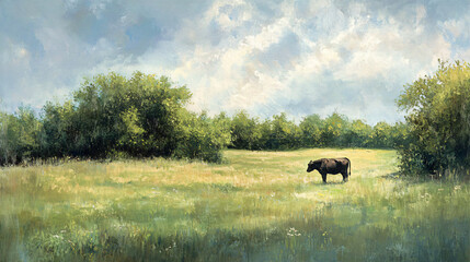 A contented cow standing in a lush green pasture