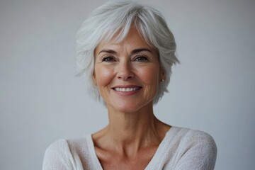 Fototapeta premium Vaccinated senior woman smiling happily on a white background, Generative AI