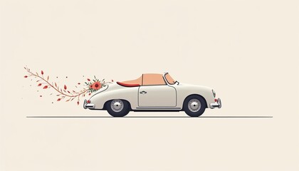 Wedding car illustration, romantic mood, decorated vehicle, soft background, copy space