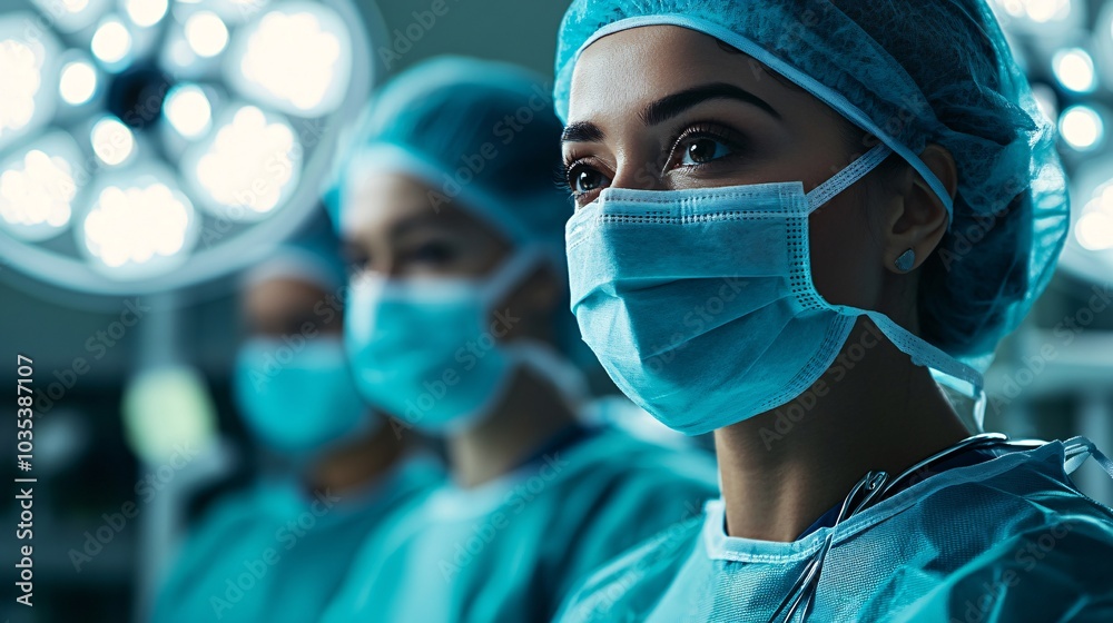 Poster surgeons focused during an operation with precise tools in a brightly lit room stock photo with side