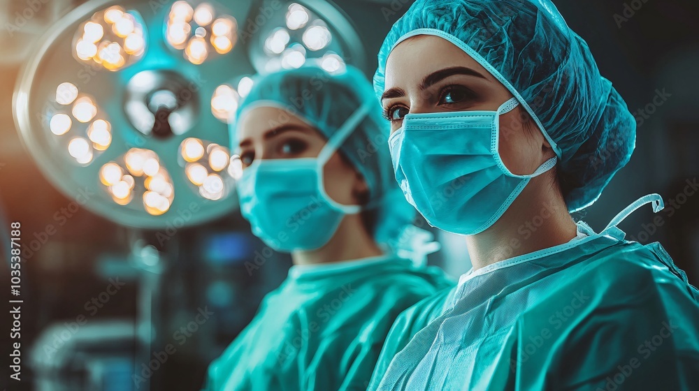 Poster Surgeons focused during an operation with precise tools in a brightly lit room Stock Photo with side copy space