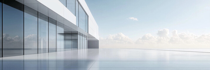 Modern minimalist building with glass and steel structures in an open, spacious area under a clear sky, ideal as a background for showcasing products or vehicles. 