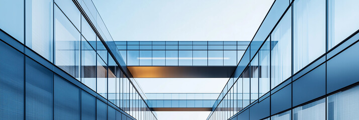 Modern minimalist building with glass and steel structures in an open, spacious area under a clear sky, ideal as a background for showcasing products or vehicles. 