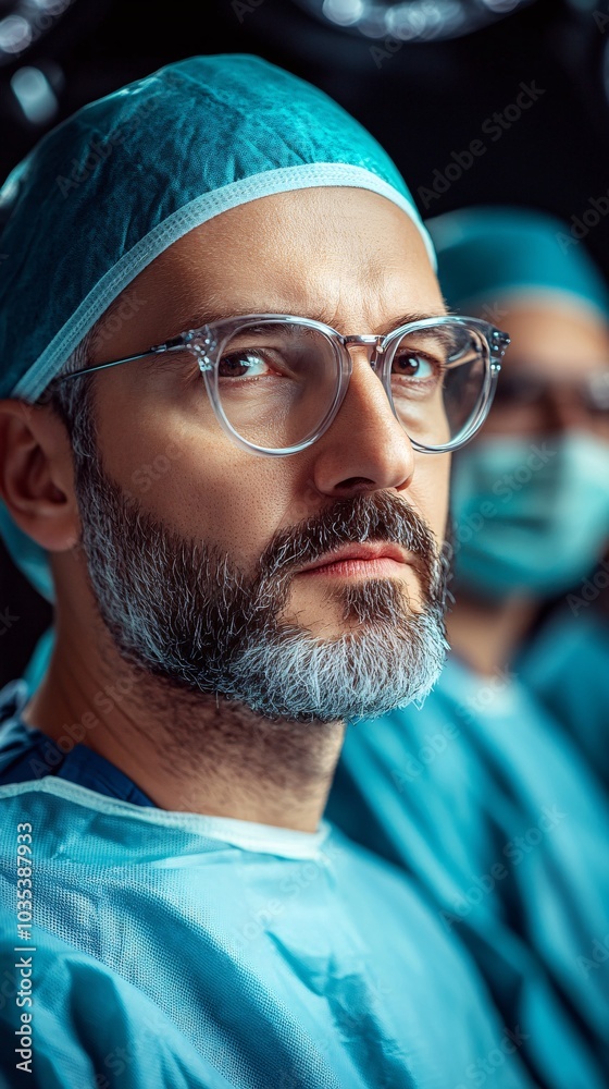 Poster Surgeons in an operating room focused on a procedure with precision instruments Stock Photo with side copy space