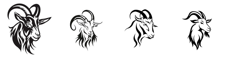 Stylized goat head illustration, showcasing intricate line art on a white isolated background.