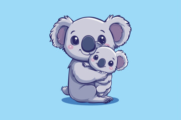 A cute koala sticker sitting on the ground with mom concept Isolated Flat Vector Illustration