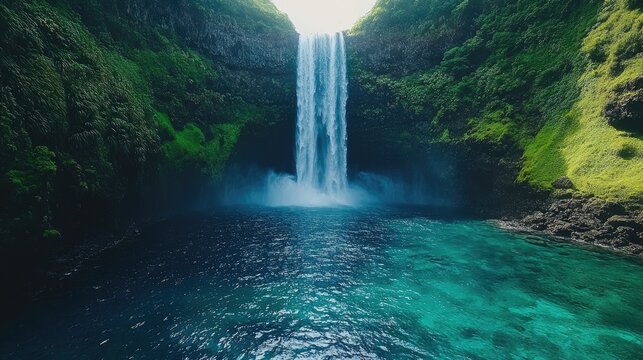 Powerful waterfall cascading into blue lagoon surrounded by lush green cliffs