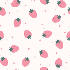 Seamless pattern with pink strawberry, hearts and dots on light background.