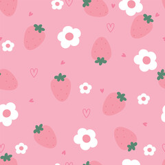 Seamless pattern with strawberry, flowers and hearts on pink background. Vector illustration.