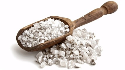 Wooden Scoop Overflowing with Coarse White Sea Salt