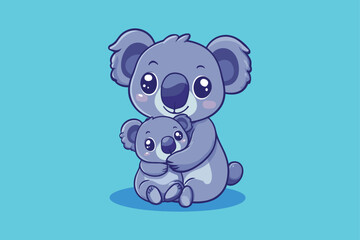 A cute koala sticker sitting on the ground with mom concept Isolated Flat Vector Illustration