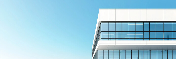 Modern minimalist building with glass and steel structures in an open, spacious area under a clear sky, ideal as a background for showcasing products or vehicles. 
