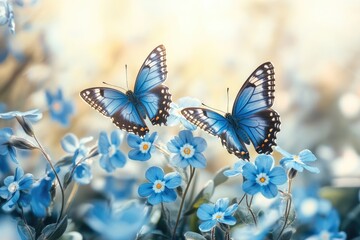 Obraz premium Two blue butterflies sitting on blue flowers in spring garden