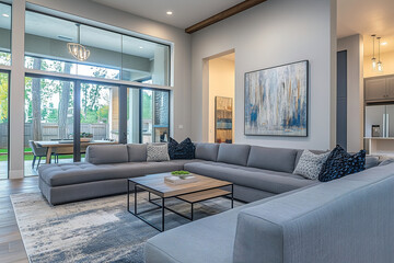 Fototapeta premium Modern living room showcasing a spacious sectional sofa and large windows, providing ample natural light in a contemporary home. Generative AI