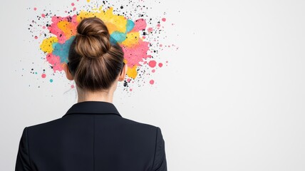 Stressed businesswoman staring at a mental health poster in an office, highlighting corporate pressures and declining mental well-being businesswoman, overwork, mental health