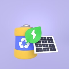 3D icon of a solar power station with a charging battery, producing environmentally friendly electricity. 3D rendering on a purple background.
