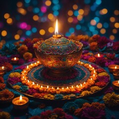 Floating lanterns on water bring a touch of Diwali magic to the nighttime reflections and festivities