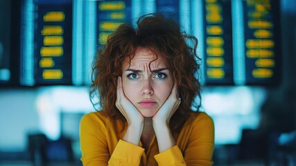Female executive in a high-rise office, visibly tired, staring at a screen filled with financial data, embodying corporate fatigue businesswoman, fatigue, executive
