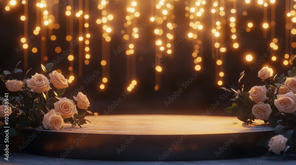 Poster a beautifully arranged display features fresh roses surrounded by soft, glowing lights. the setting 