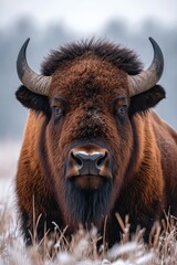 Powerful european bison standing in snow covered field