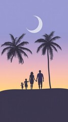 Family silhouette walking under a crescent moon at sunset, surrounded by palm trees and a colorful sky.