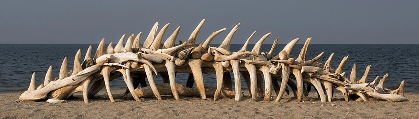 Fototapeta premium An artistic installation on the shore made of driftwood and shells