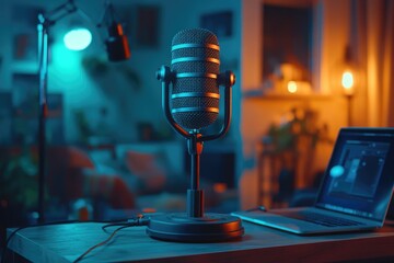 Professional microphone standing on a desk in a recording home studio with colorful lights