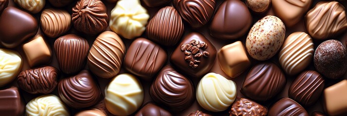 Fototapeta premium Assortment of Delicious Chocolate Pralines, Bonbons, and Truffles in a Top View Close-Up