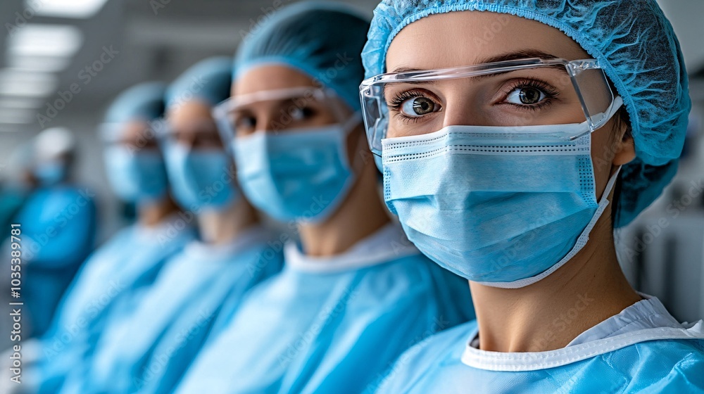 Poster Surgeons wearing surgical masks and gloves preparing for a procedure in a high-tech operating room Stock Photo with side copy space