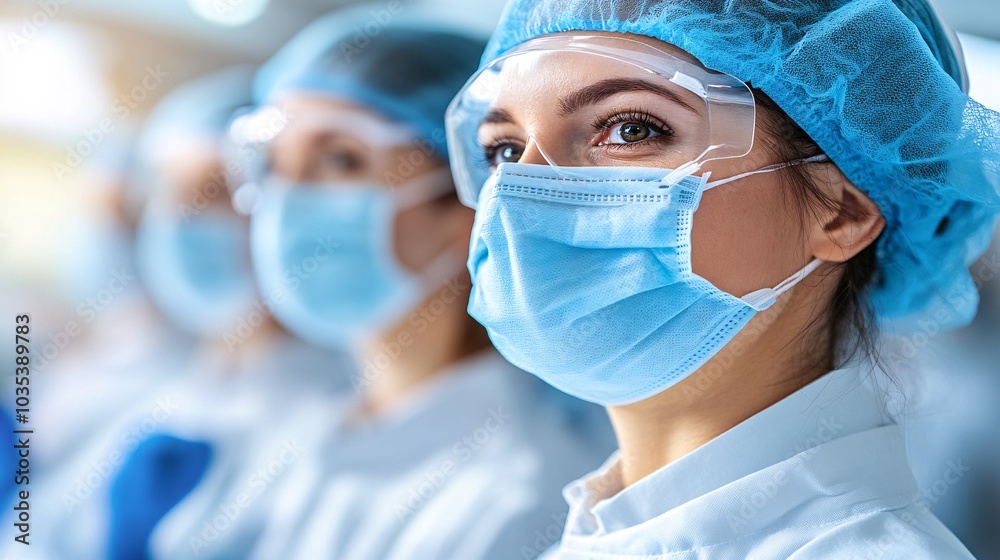 Poster Surgeons wearing surgical masks and gloves preparing for a procedure in a high-tech operating room Stock Photo with side copy space