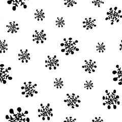 Winter seamless pattern with black silhouettes of snowflakes in naive scribble style. Holiday greeting card, gift packaging., wrapping paper. Funny scrabble style collection for happy new year. 