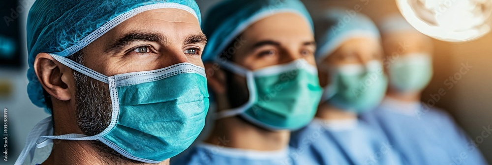 Aufkleber surgeons wearing surgical masks and gloves preparing for a procedure in a high-tech operating room s
