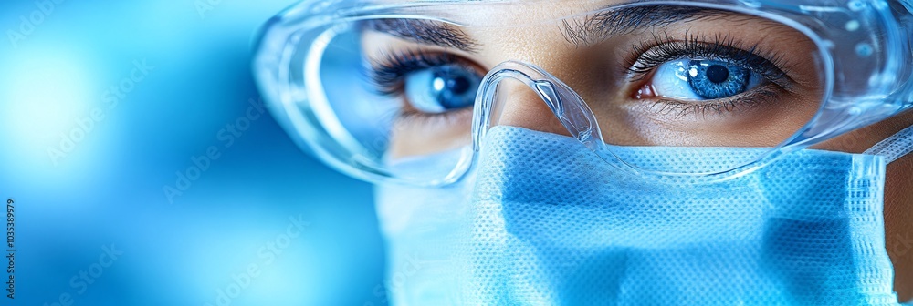 Poster Surgeons wearing surgical masks and gloves preparing for a procedure in a high-tech operating room Stock Photo with side copy space
