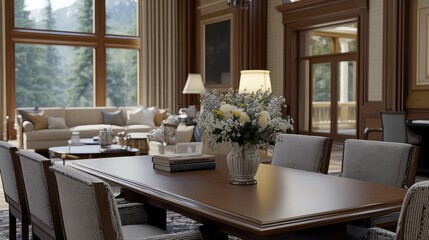 A close-up view of an empty wooden dining table with a blurred vase of flowers, softly lit by streaming natural light.