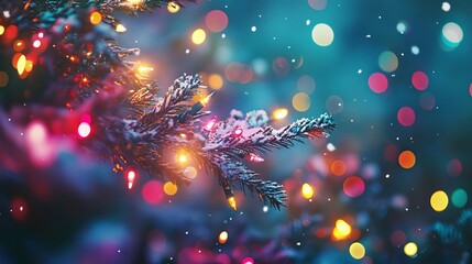 Merry Christmas and Happy Holidays! Winter festive season celebration greeting in bright colors with snow Christmas tree lights background.