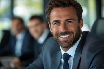 Happy businessman looking at the camera in a boardroom, Generative AI