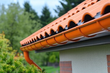 Orange rain gutter system protecting roof from water damage