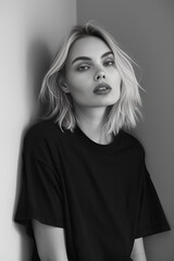 Fototapeta premium Black-and-white photograph of a blonde woman wearing a black T-shirt, leaning against a wall, Generative AI