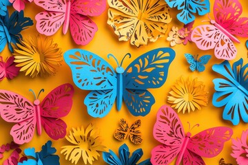 Fototapeta premium Vibrant papel picado cutouts featuring colorful butterflies and flowers
