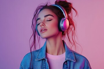 Young woman enjoying music with headphones and neon lighting